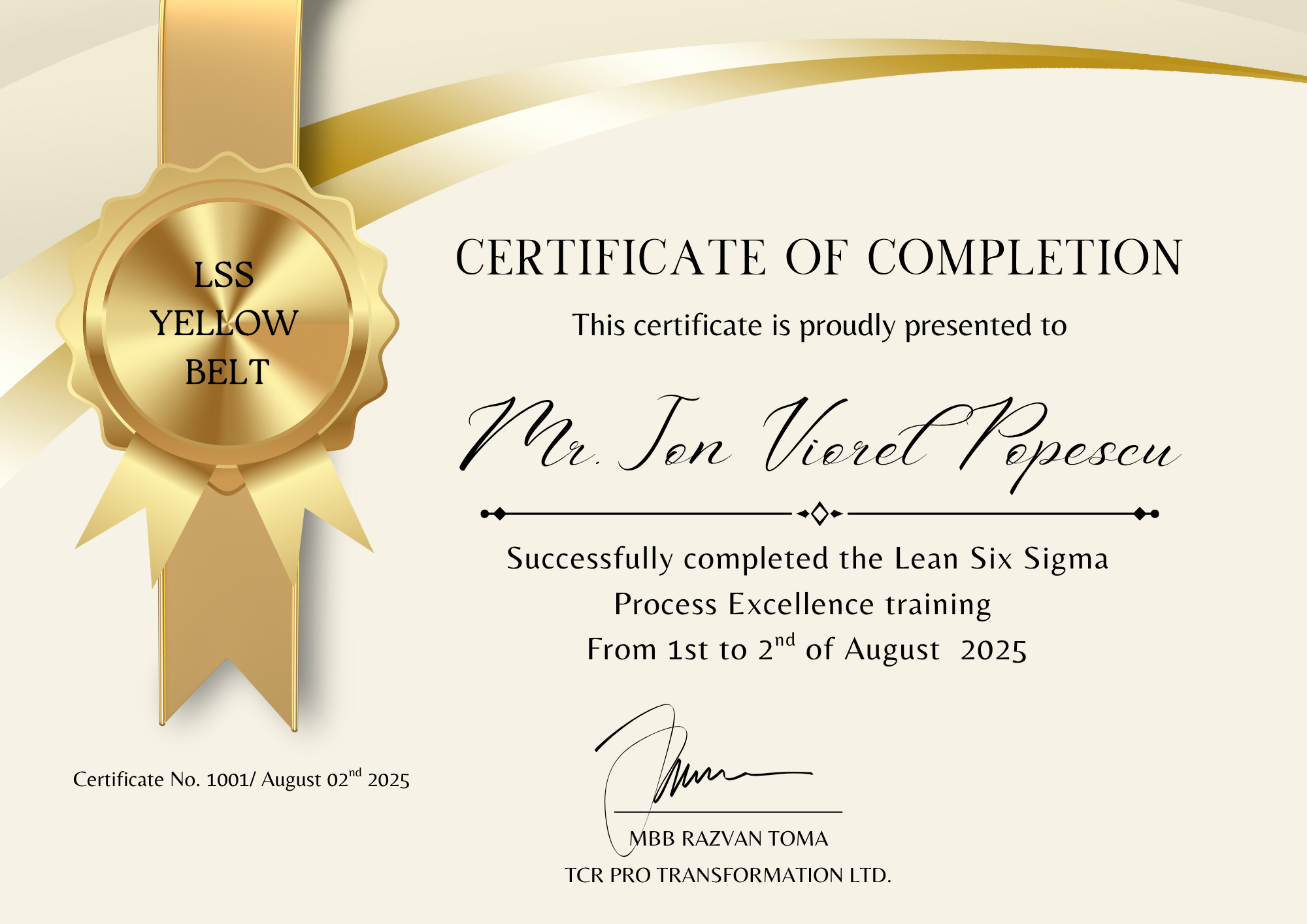 Lean Six Sigma Yellow Belt Certificate awarded to successful participants